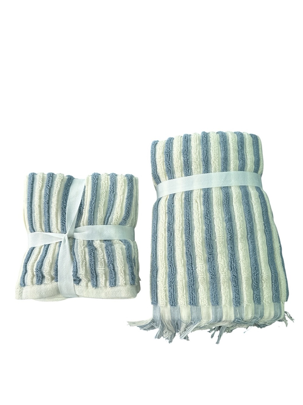 6pc RACHEL ZOE  Striped Blue and Cream Hand Towels & washcloths